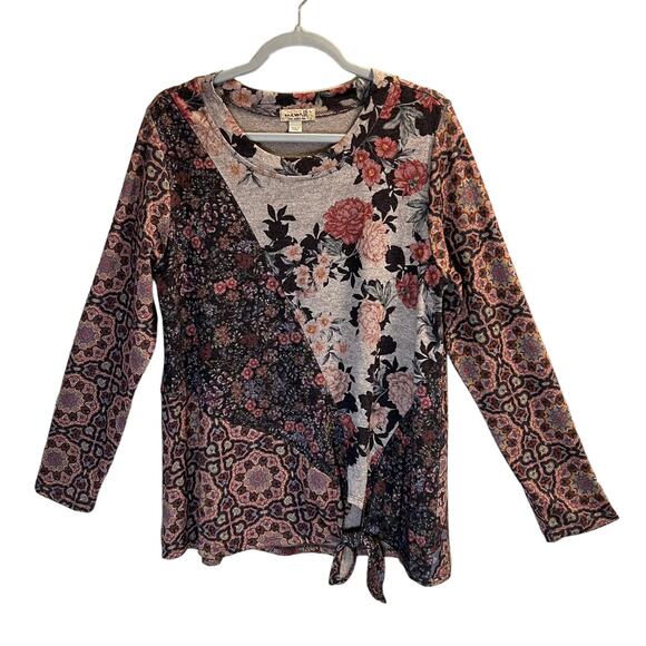 One World Charming Art Patchwork Tie In Front Floral Top Long Sleeve Size L - Picture 1 of 15